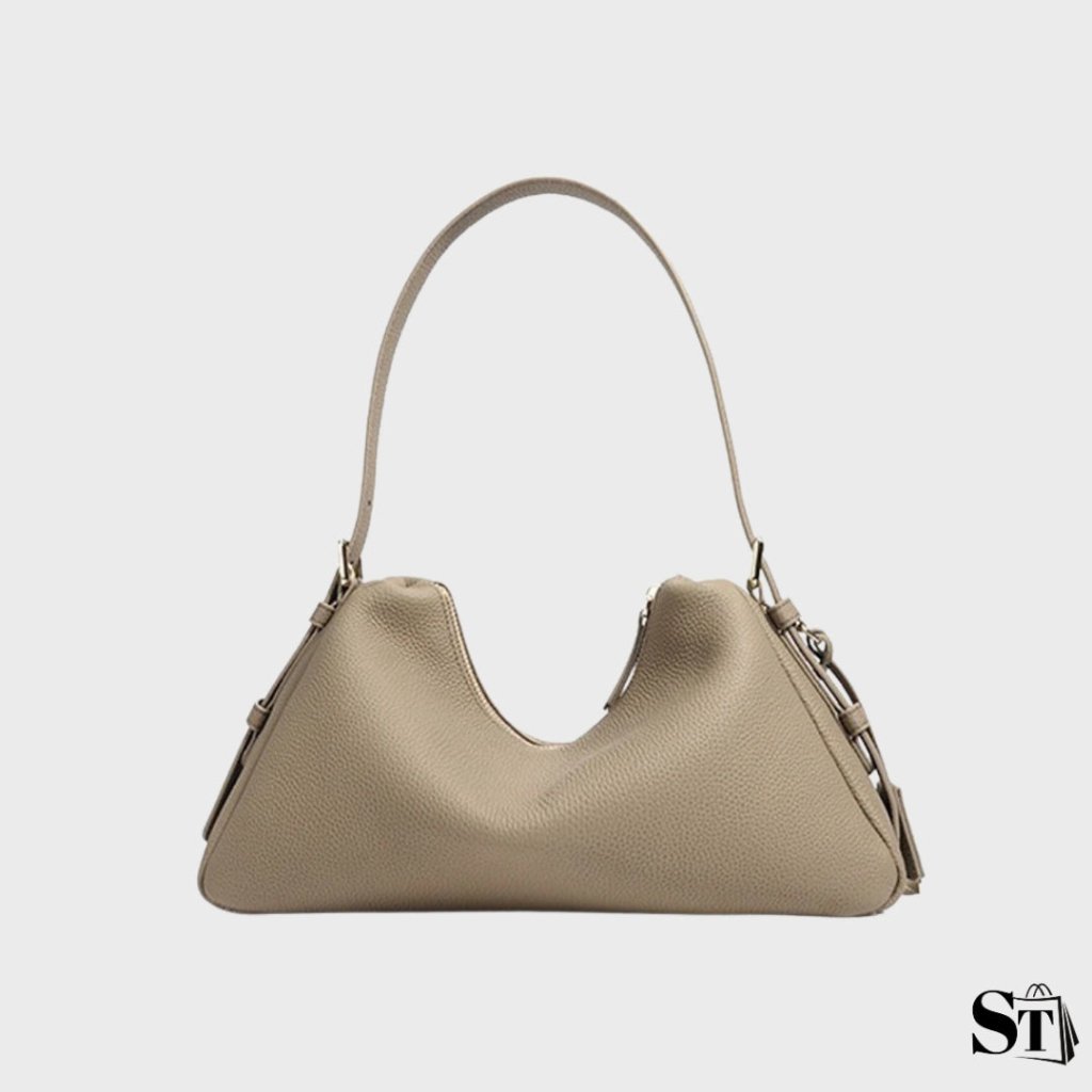 Sac baguette kaki pour femme – modèle La Vague signé StylishStrap, design sculptural minimaliste en cuir grainé avec anse épaule moderne.