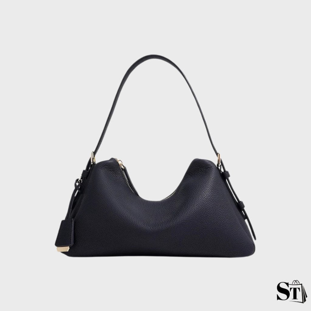 Sac baguette noir pour femme, modèle La Vague par StylishStrap, design minimaliste avec silhouette sculpturale et anse épaule élégante.
