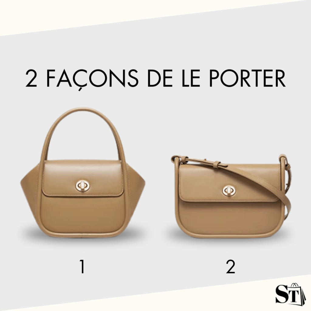Photo démontrant les deux façons de porter le sac à main tendance en cuir marron clair. Port à la main ou en bandoulière.