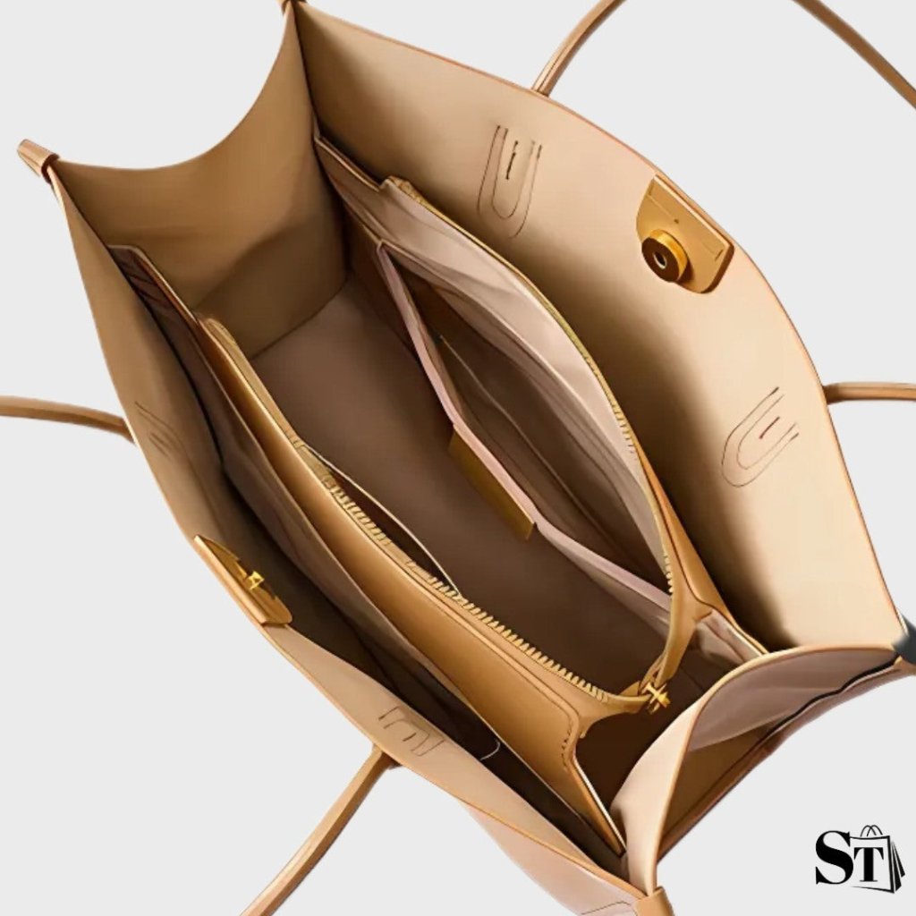 Vue intérieure du sac Le Simone en cuir beige – poches zippées, compartiments et fermeture aimantée