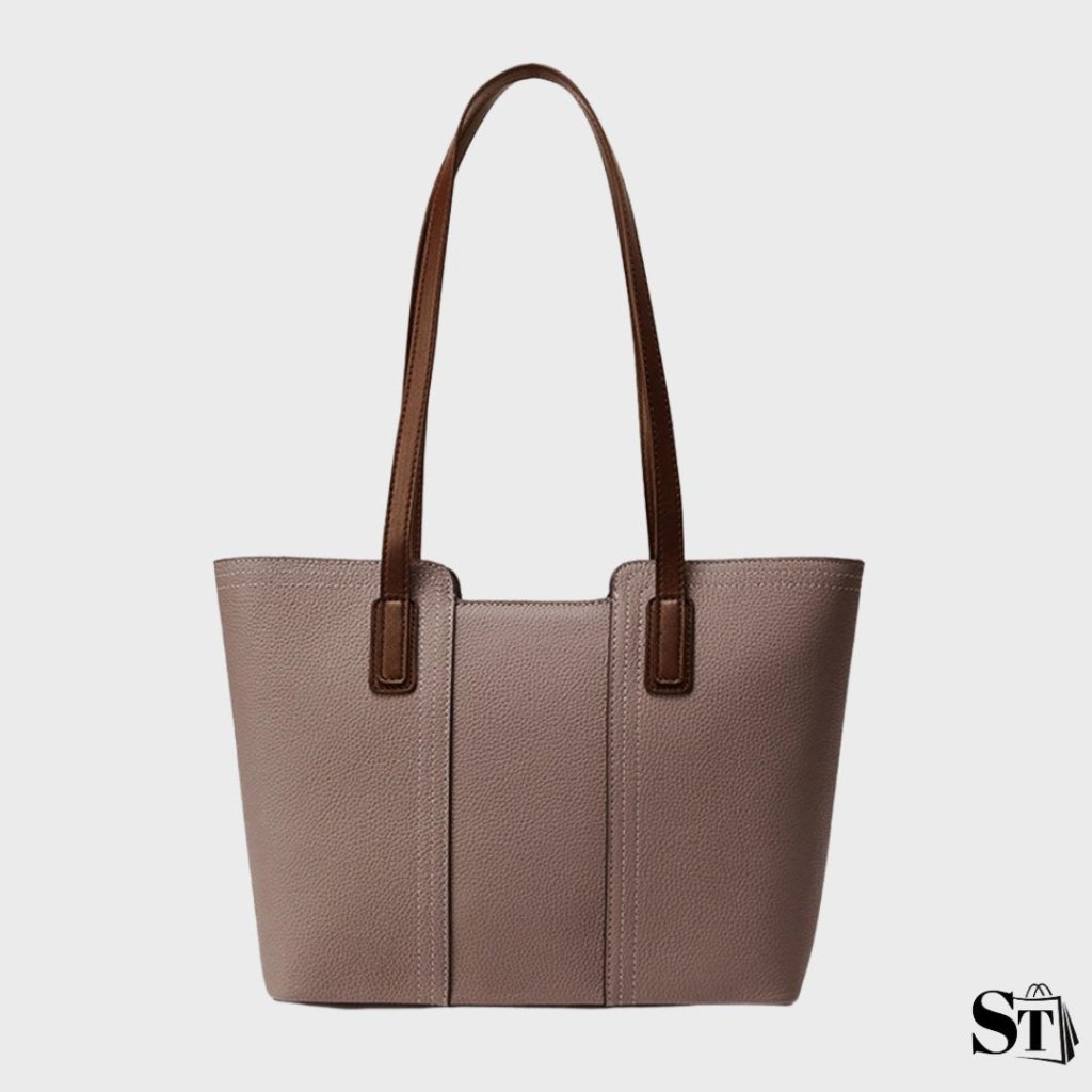 Sac cabas Le Solène en cuir taupe avec finition texturée et anses marron