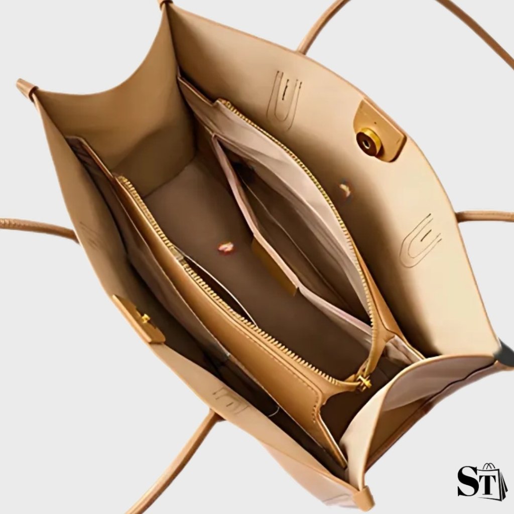 Vue intérieure du sac cabas Le Solène avec poches zippées et compartiments doublés