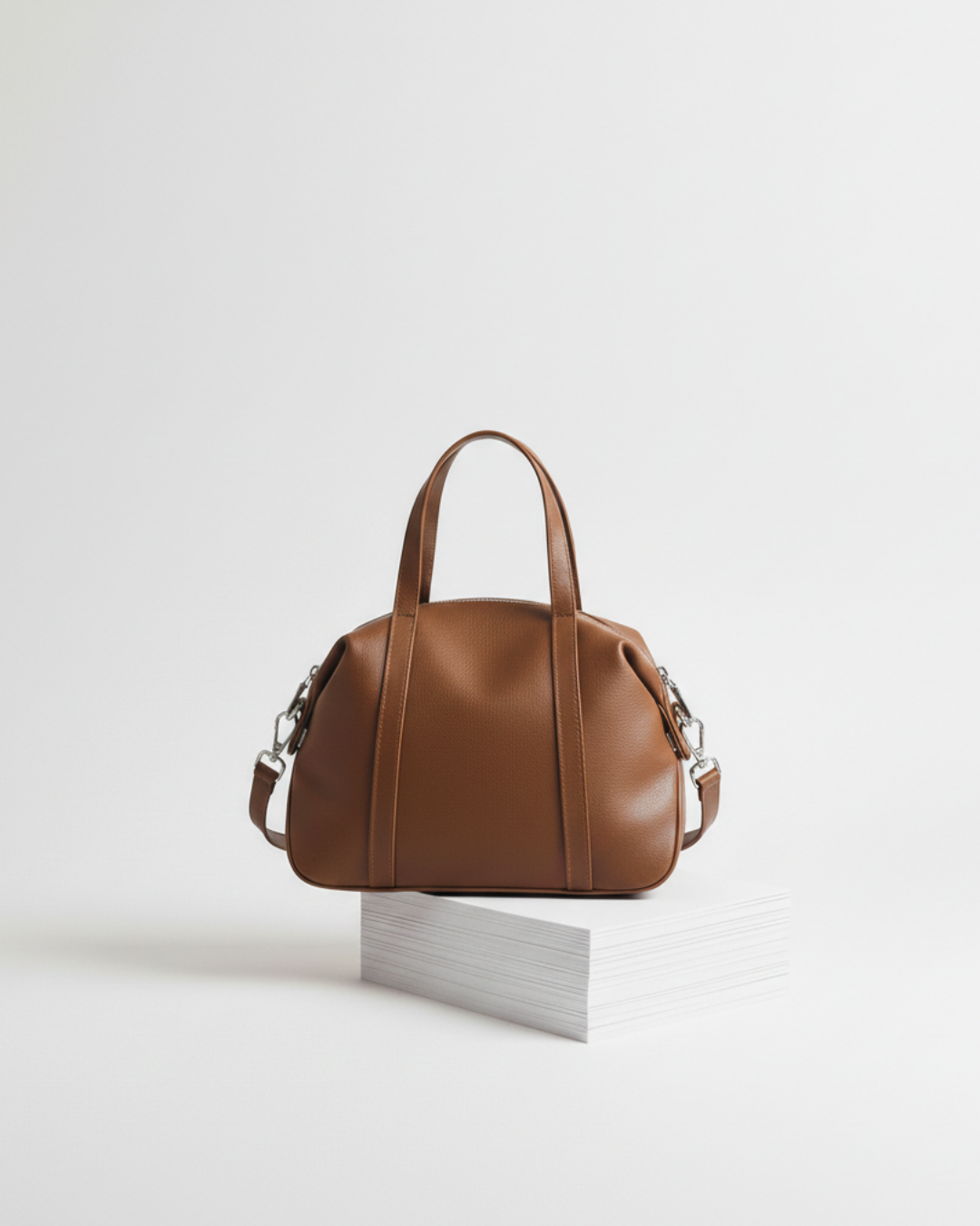 Sac bowling StylishStrap en cuir marron posé sur un socle blanc, illustration du luxe accessible et de la qualité maroquinière à 120€.