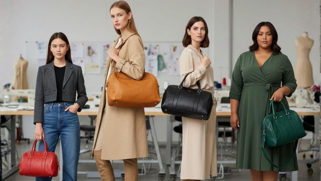 Quatre femmes de différentes morphologies portant des sacs bowling de tailles variées dans un atelier de mode.