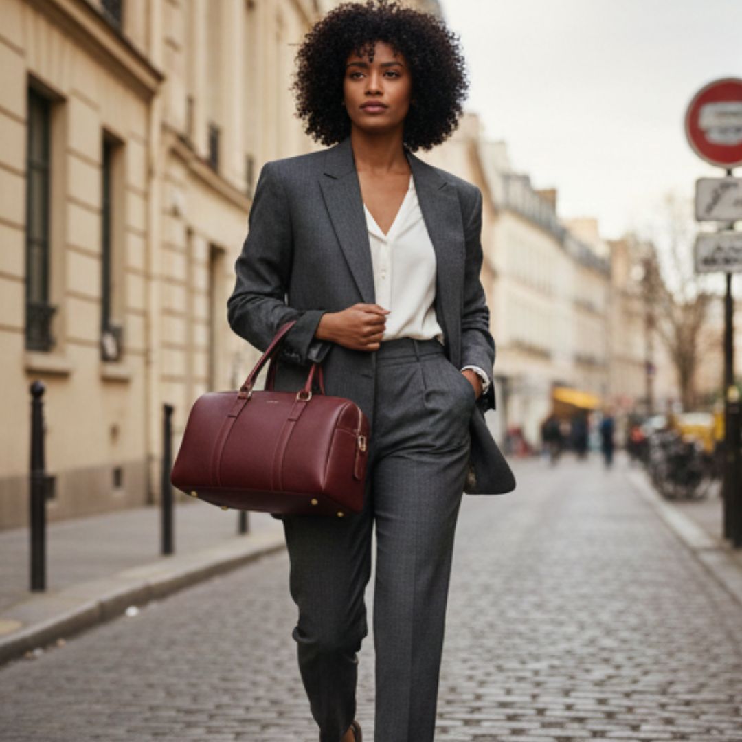 Femme portant un sac bowling bordeaux à la main avec un tailleur pantalon gris et une chemise blanche pour un look business chic.