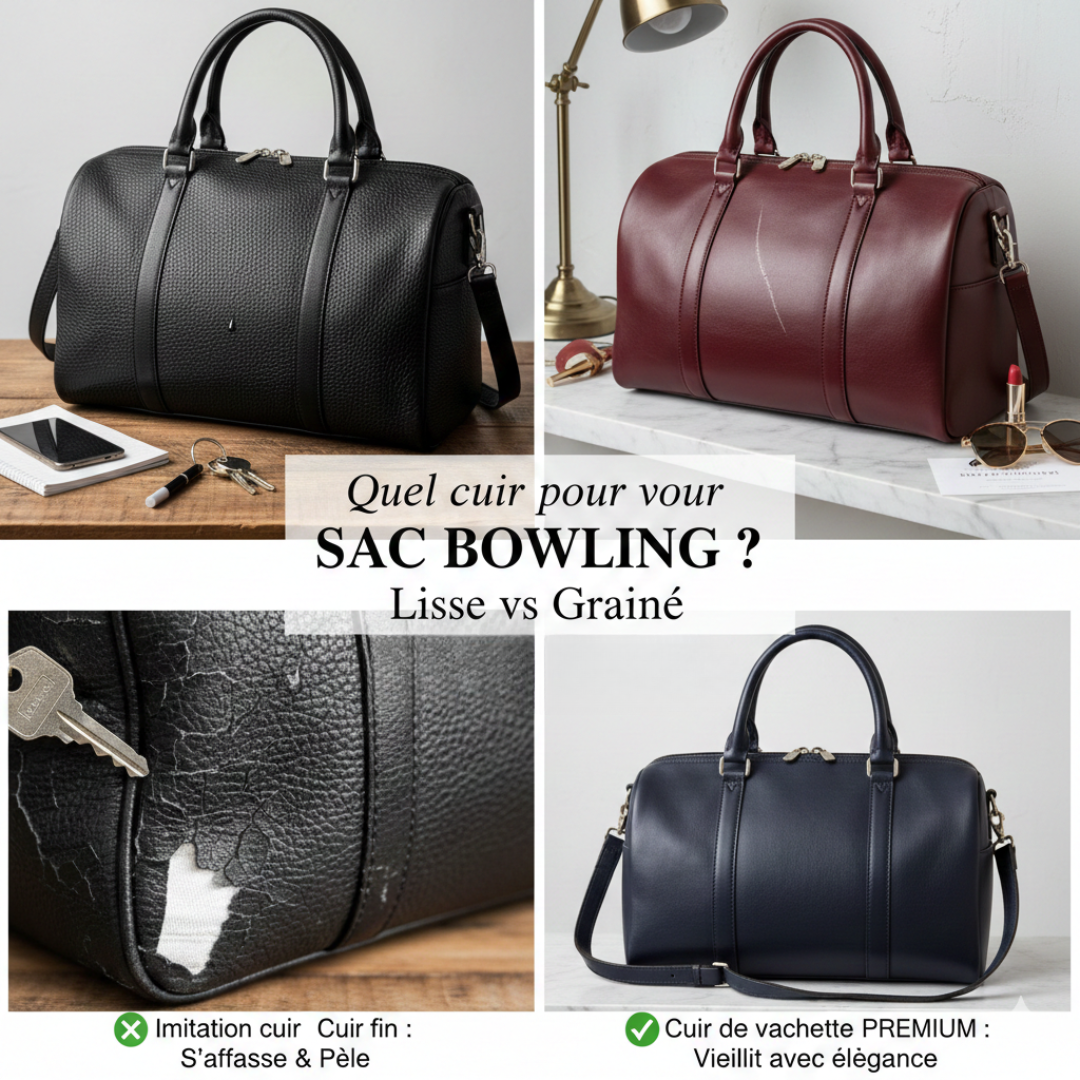 Infographie comparative pour sac bowling : cuir de vachette grainé noir, cuir lisse bordeaux, et exemple de cuir de basse qualité qui pèle vs cuir premium StylishStrap.