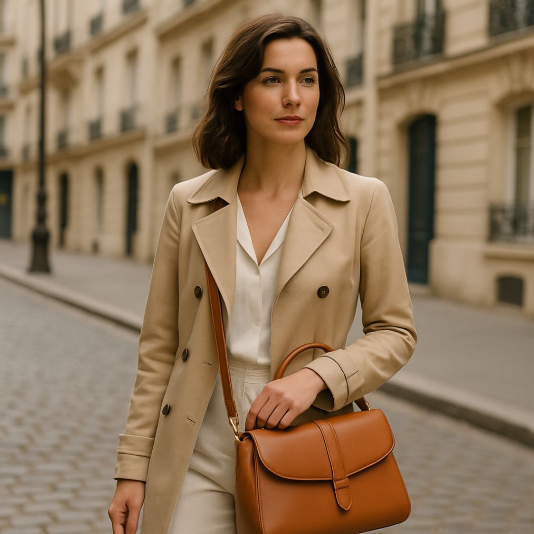 femme portant un sac camel en cuir