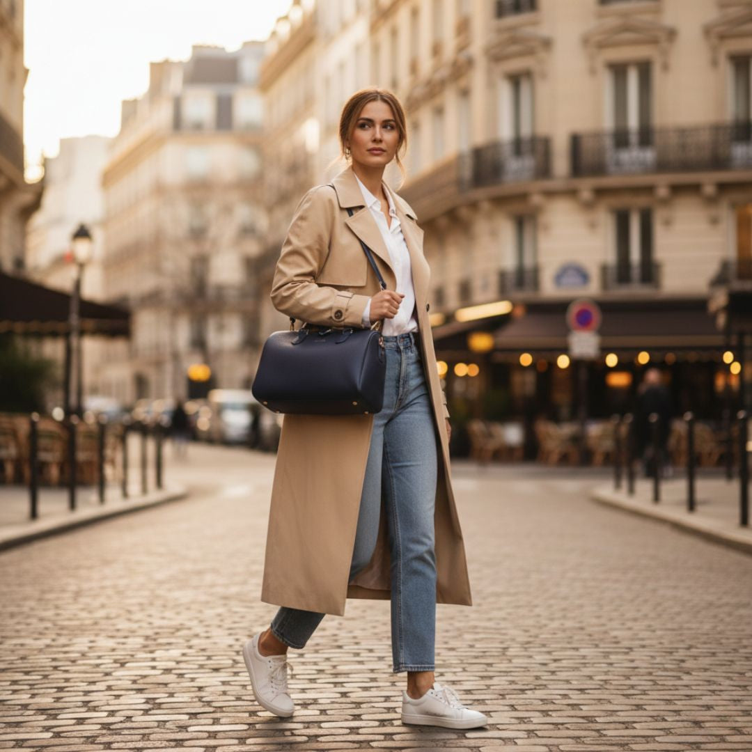 Femme élégante portant un sac bowling en cuir bleu grainé StylishStrap avec un trench-coat et un jean, style casual chic urbain.