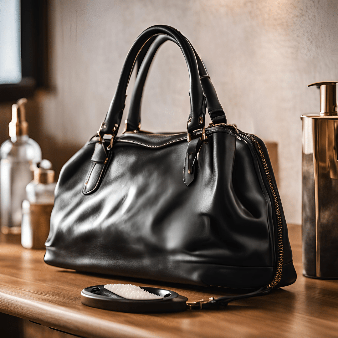 Sac à main noir en cuir prêt à se faire nettoyer sur une table en bois avec plusieurs produits de nettoyage du cuir