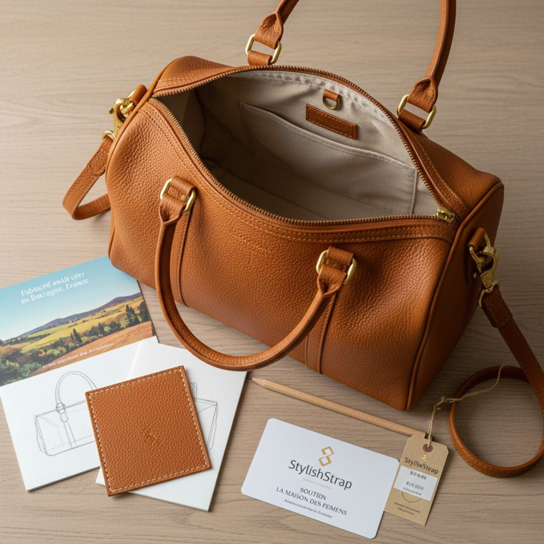 Détails des finitions du sac bowling Le Florentin de StylishStrap : gros plan sur le cuir de vachette grainé et les coutures de haute qualité, maroquinerie durable.