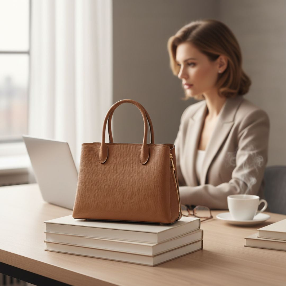 Sac bowling StylishStrap en cuir marron grainé posé sur un bureau, avec une femme travaillant sur un ordinateur en arrière-plan, illustrant l'élégance d'un sac 24h.
