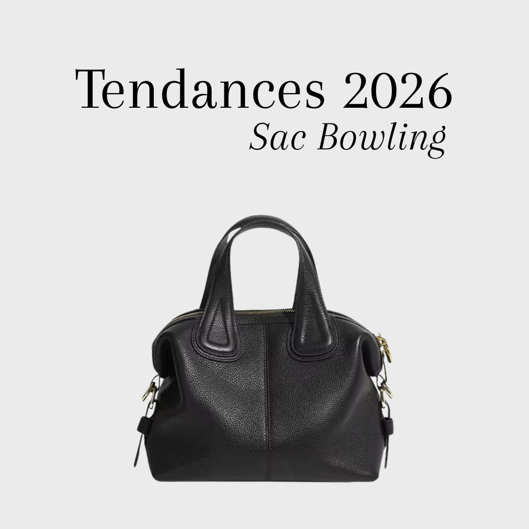 Image de couverture présentant un sac bowling en cuir noir texturé avec le titre Tendances 2026 pour la nouvelle collection de maroquinerie StylishStrap.