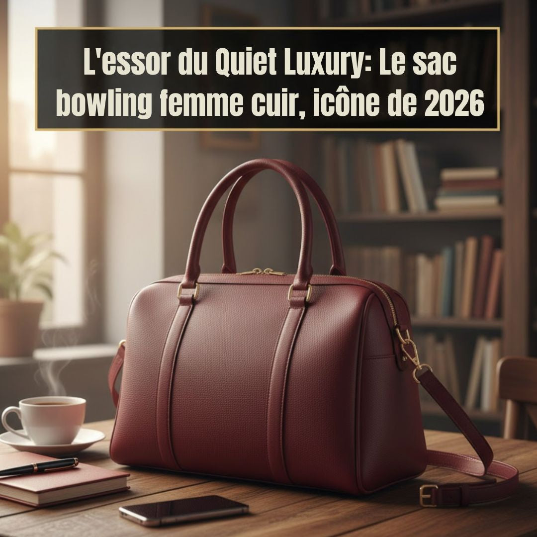 Sac bowling femme cuir bordeaux grainé sur une table en bois avec un café, illustrant la tendance Quiet Luxury 2026 de StylishStrap.