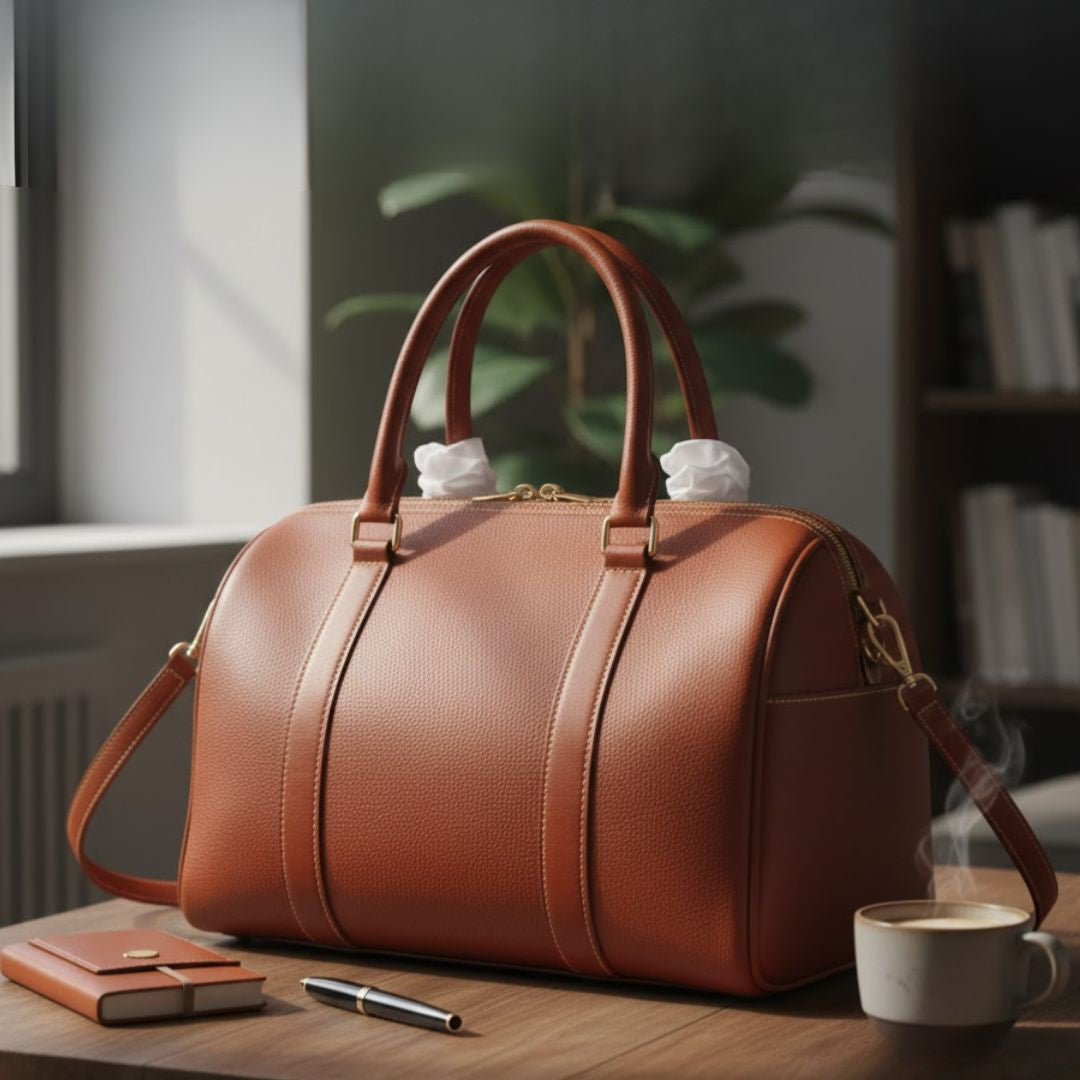 Sac bowling femme cuir de vachette grainé marron posé sur une table en bois, style Quiet Luxury par StylishStrap.