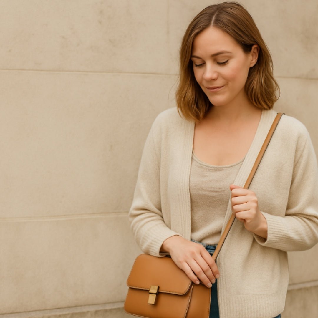 Jeune femme souriante en cardigan beige tenant un sac à main camel en cuir, debout devant un mur clair.