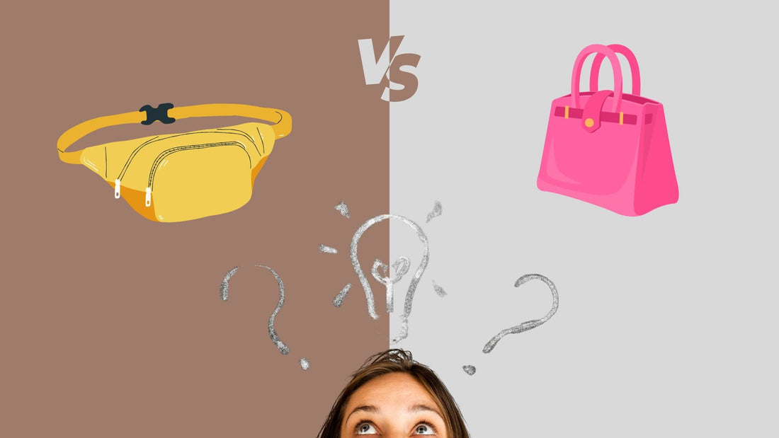 Illustration comparant un sac banane jaune et un sac à main rose avec une femme hésitante en bas de l’image, visuel pour article sac à main vs sac banane | StylishStrap