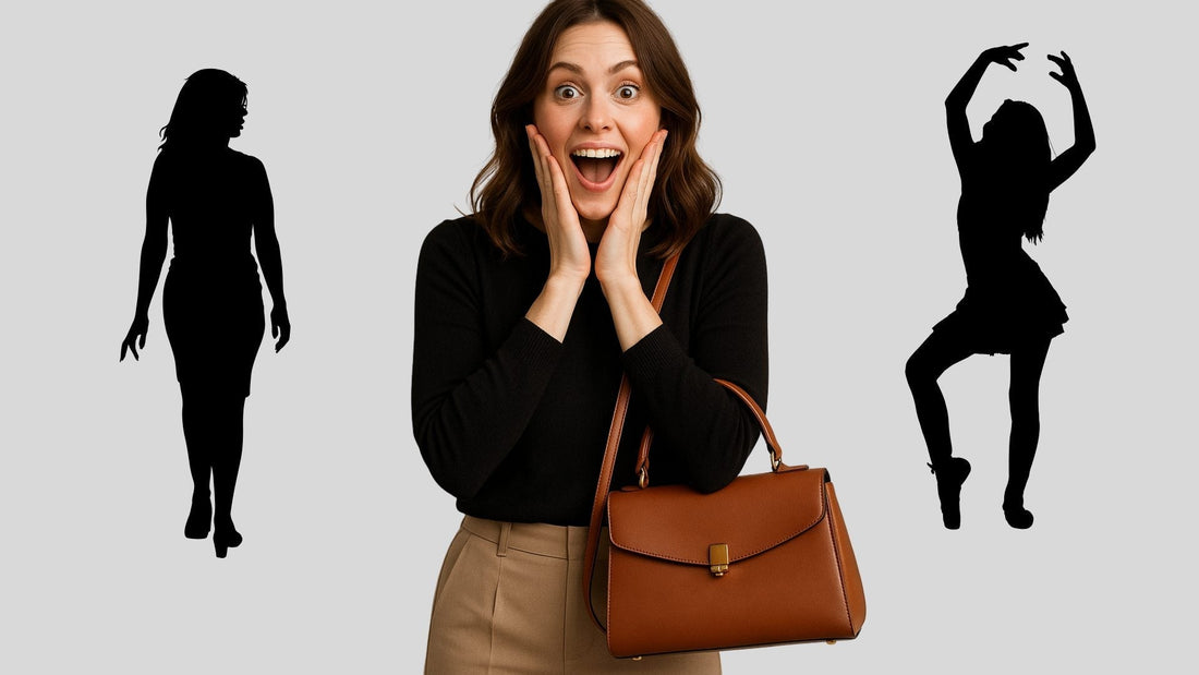 Femme surprise tenant un sac à main en cuir, entourée de deux silhouettes féminines stylisées représentant différentes morphologies.