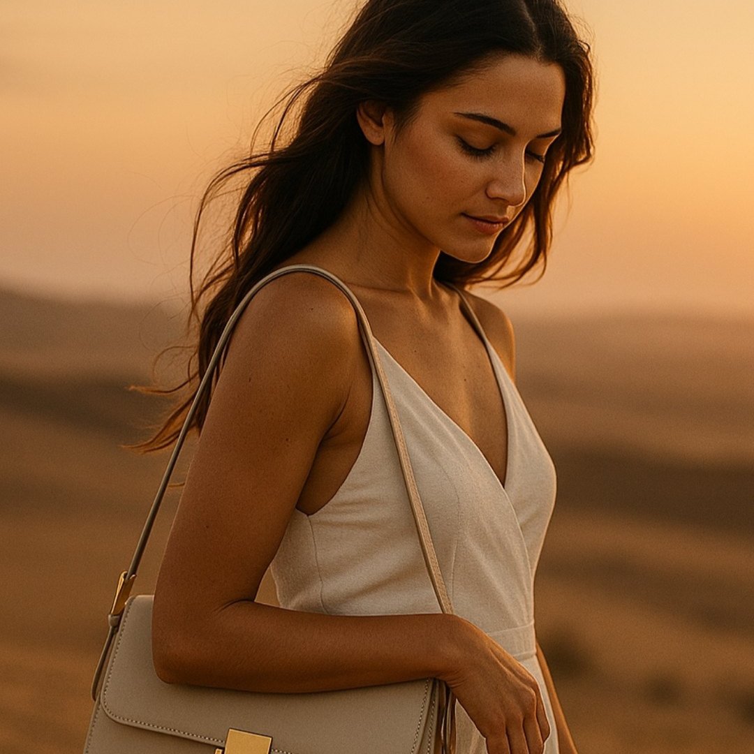 jeune femme portant un sac à bandoulière élégant en cuir en train de marcher dans le désert, image représentant la collection de sacs spéciale été 2025 pour StylishStrap