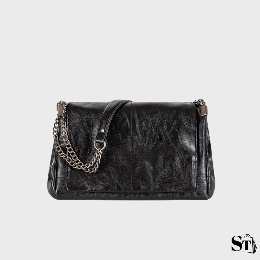 sac à bandoulière en cuir fendu pour femme, rabat avec fermoir hasp, chaîne métal, style vintage – modèle L’Ombrelle