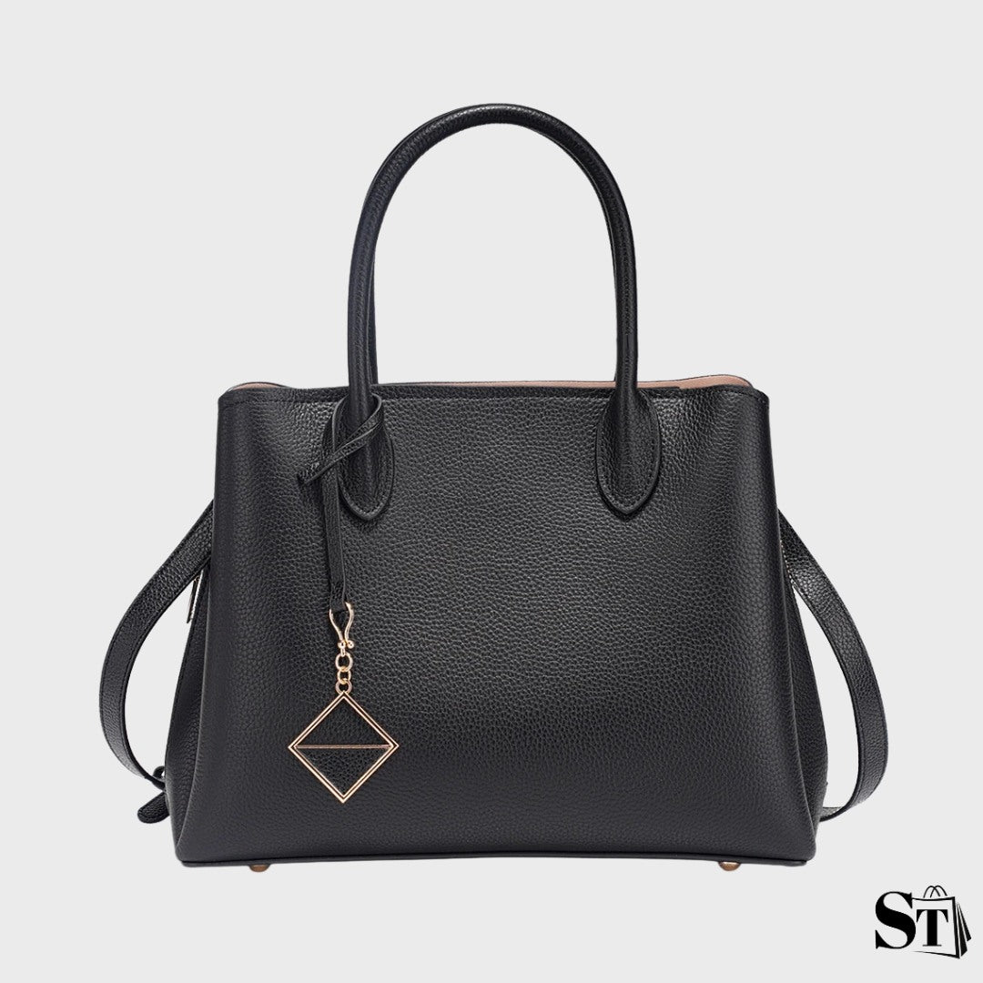 sac cabas structuré en cuir grainé pour femme, double poignée et bandoulière, fermeture zip et fermoir – Le Bastion