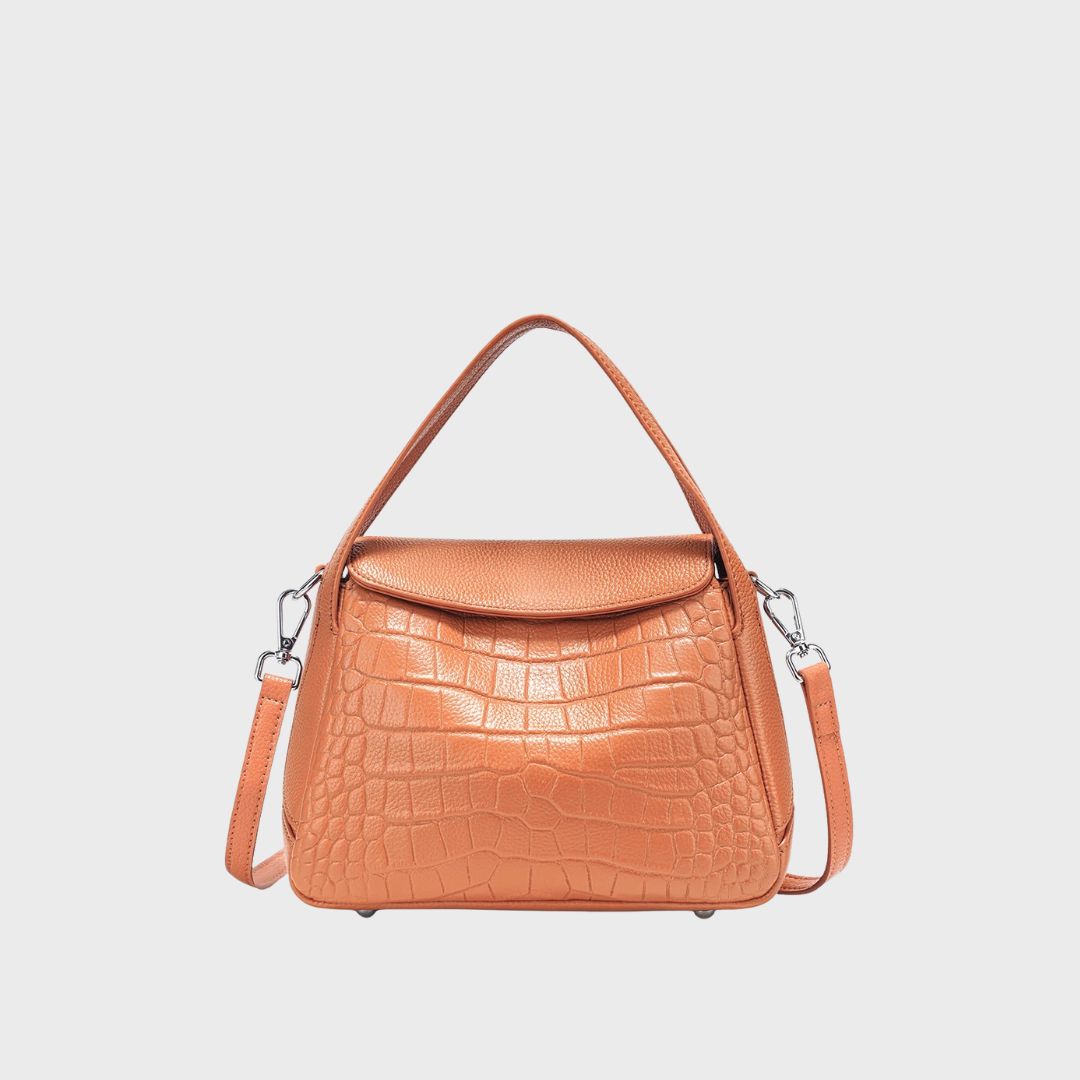 sac à main en cuir véritable effet crocodile, modèle Le Céladon, avec bandoulière amovible et rabat élégant