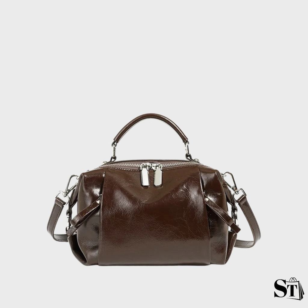 sac à main bowling femme en cuir véritable, forme Boston, fermeture zippée avec pompon – Le Valbron