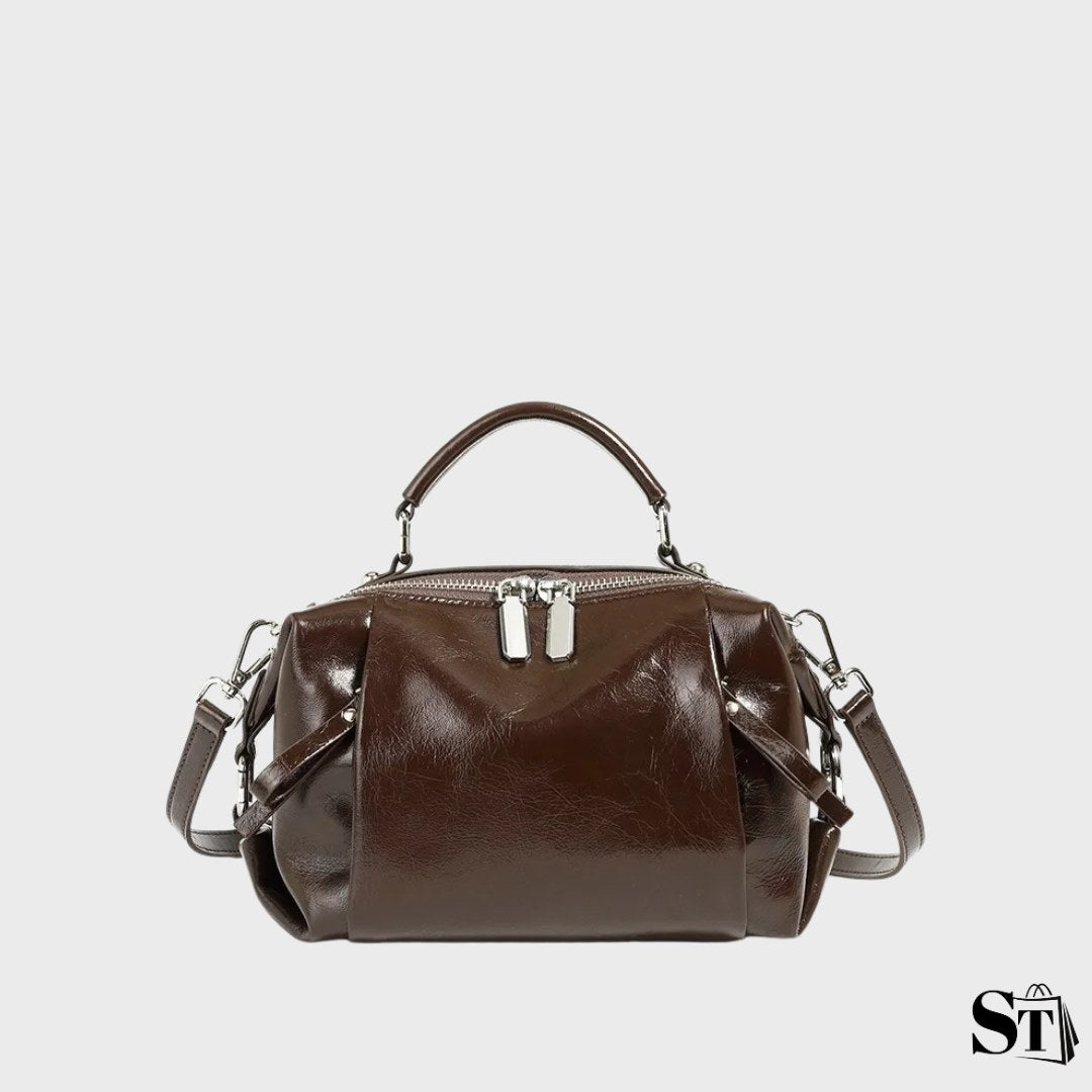 sac à main bowling femme en cuir véritable, forme Boston, fermeture zippée avec pompon – Le Valbron