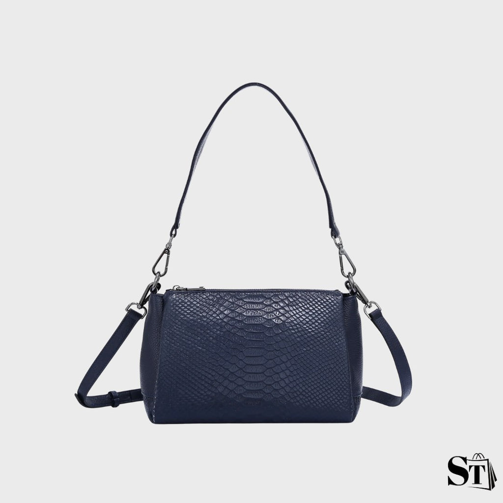 sac à bandoulière en cuir embossé alligator, forme shell, fermeture zippée, porté épaule/crossbody – modèle Le Clamecy