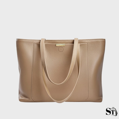 grand cabas en cuir grainé pour femme, double anse, fermeture zippée, poche extérieure – modèle Le Closon