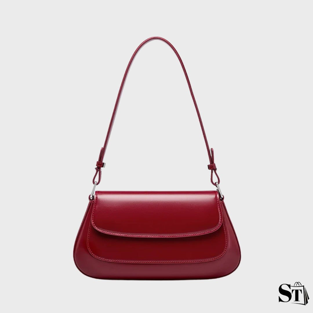sac baguette en cuir pour femme, silhouette enveloppe avec rabat, métal argent, double sangle épaule et crossbody – modèle Le Valois