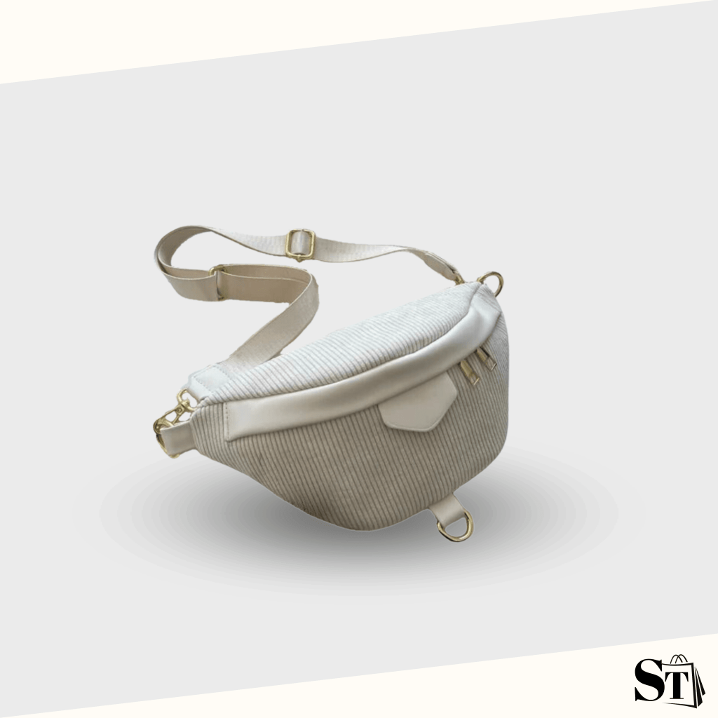 Sac banane en velours côtelé blanc sur fond blanc