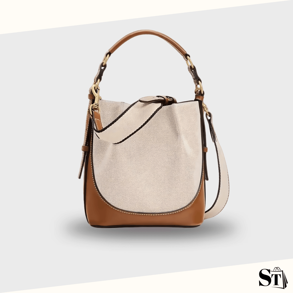mini sac seau pour femmes marron et beige sur fond blanc