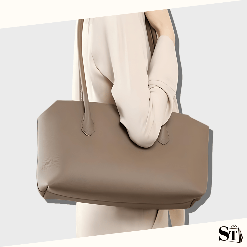 Jeune femme habillée en tenue chic blanche portant un sac à épaule en cuir gris