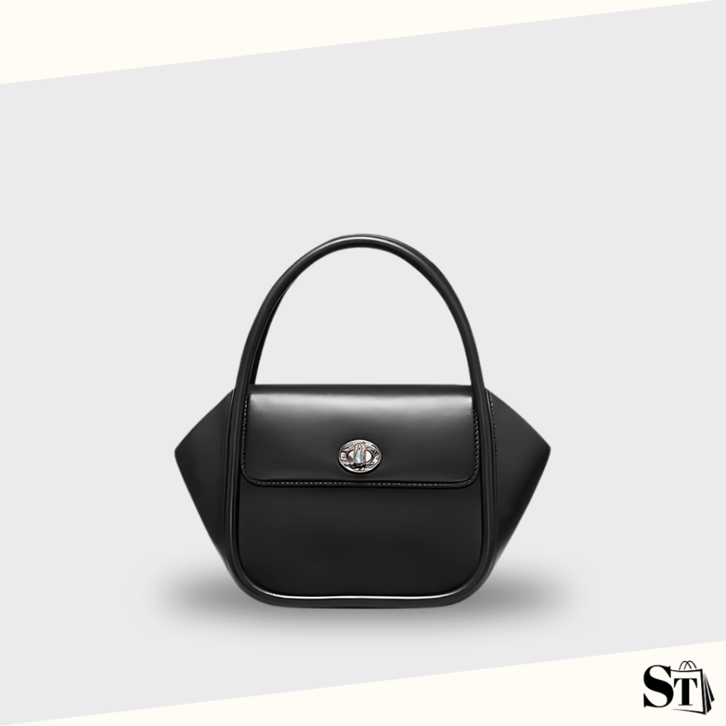 Sac à main tendance en cuir véritable noir avec fermeture en argent