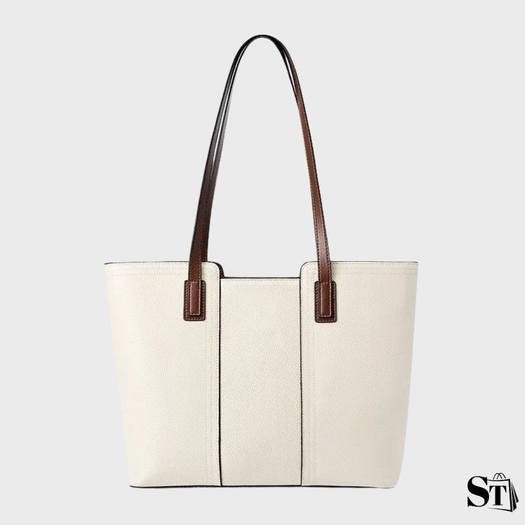 Sac cabas Le Solène en cuir blanc cassé avec anses marron contrastantes, modèle élégant pour femme