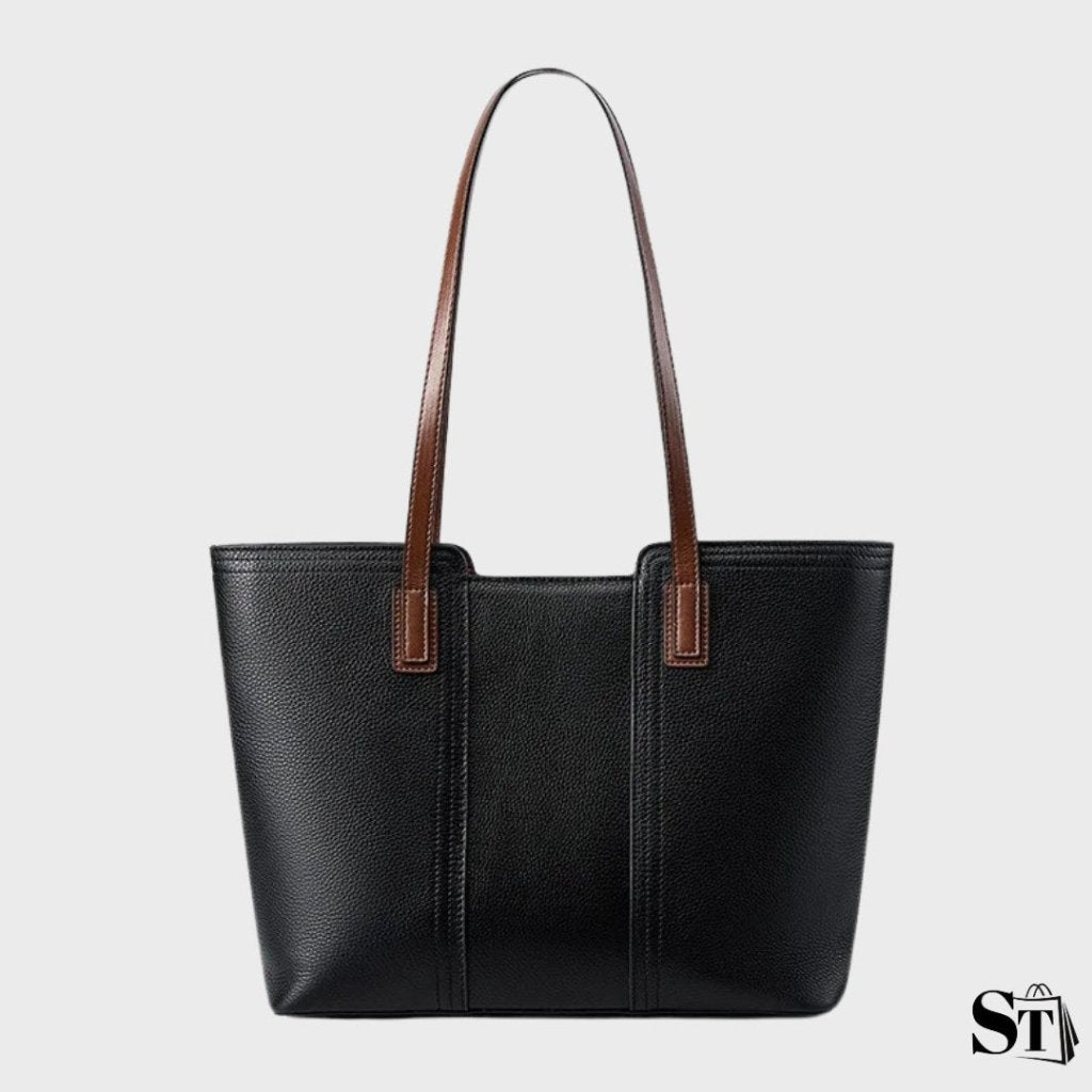 Sac cabas Le Solène en cuir noir grainé avec anses marron foncé, vue de face