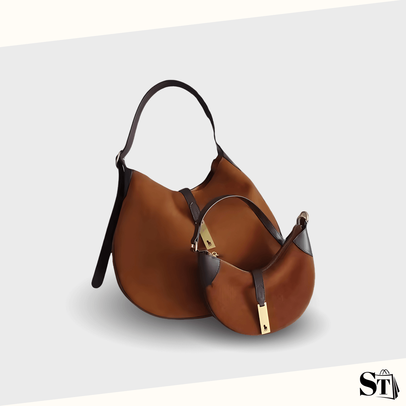 Sac hobo en cuir marron tendance de qualité supérieure, avec poignée en cuir noir et logo doré creusé en forme de cheval.